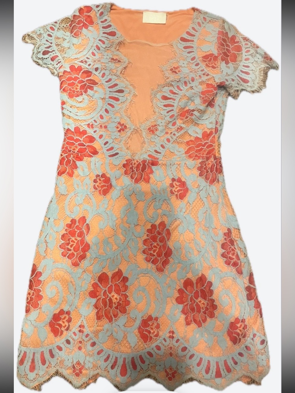 Storia Peach Dress with Coral & Light Blue Lace Accents